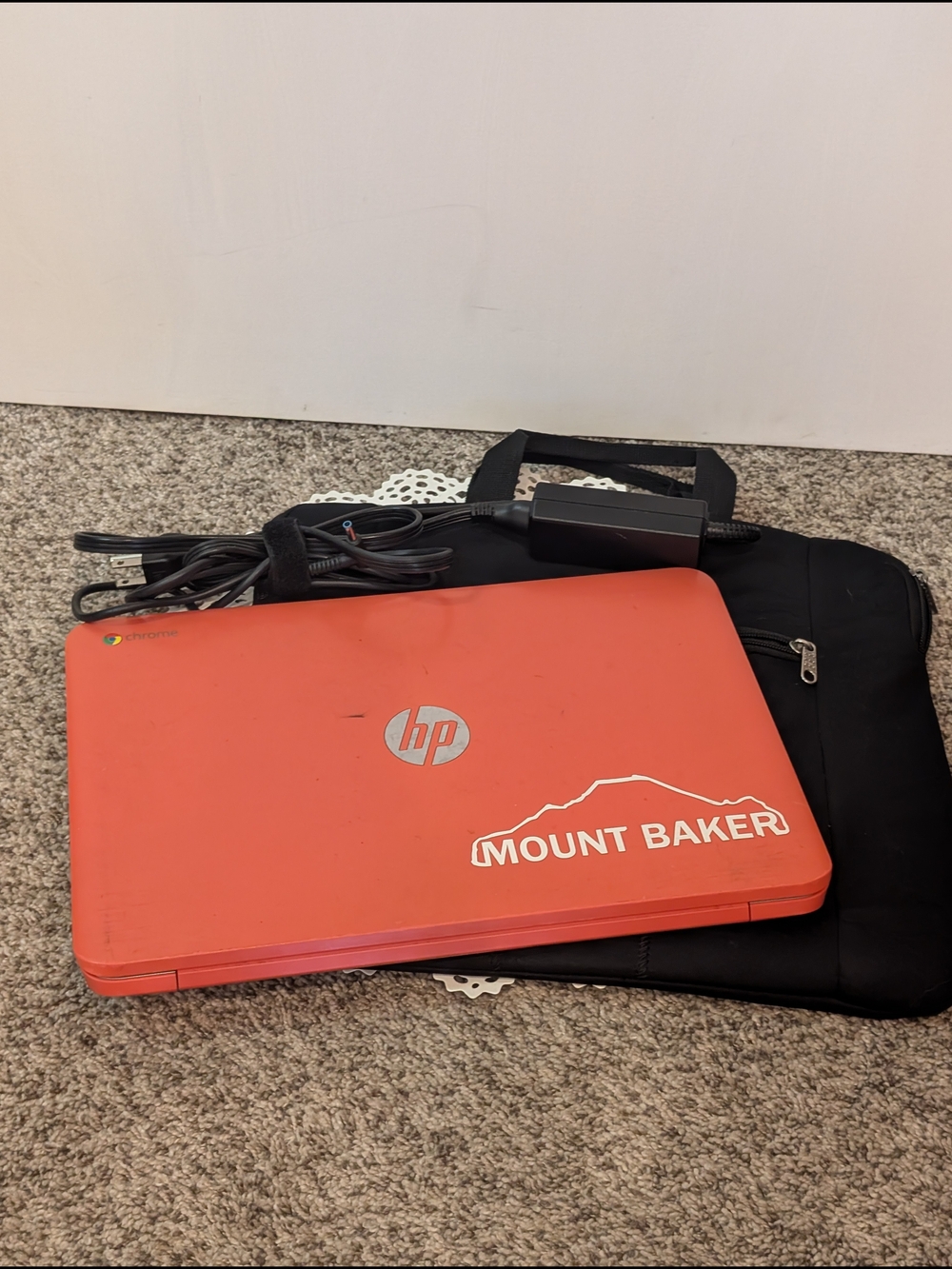HP Orange Chromebook with Mount Baker Decal and Charger